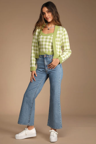 Lulus Gingham Cardigan Set paired with flare jeans and platform white sneakers