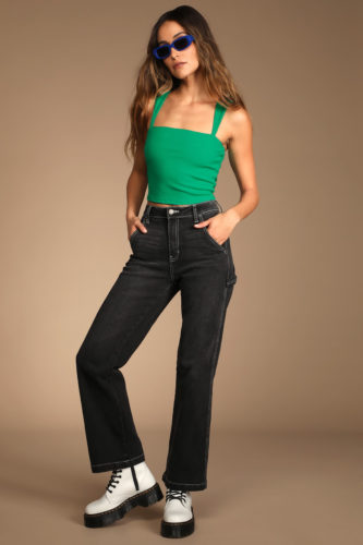 Lulus Green Crop Top paired with black high waisted jeans and white combat boots
