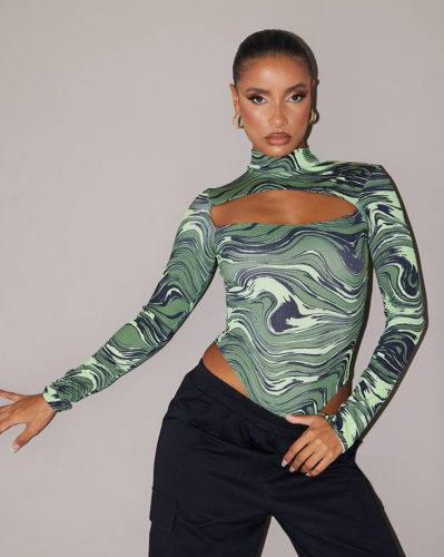 PLT Bodysuit in green and navy swirl
