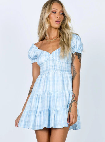 Checked Mini Dress in light blue and white