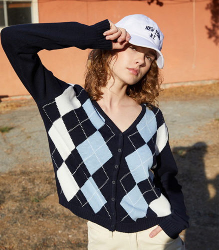 Argyle Cardigan Sweater in black, light blue, and white from Pacsun