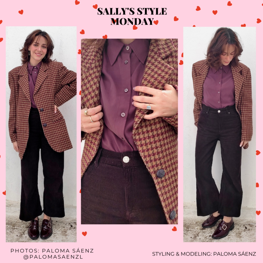 Outfit inspired by Sally Albright from the 80s rom com, When Harry Met Sally, with oversized tweed blazer, purple button-down shirt, wide leg black jeans, and loafers