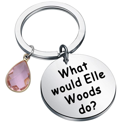 Keychain from amazon that says "what would Elle Woods do?"