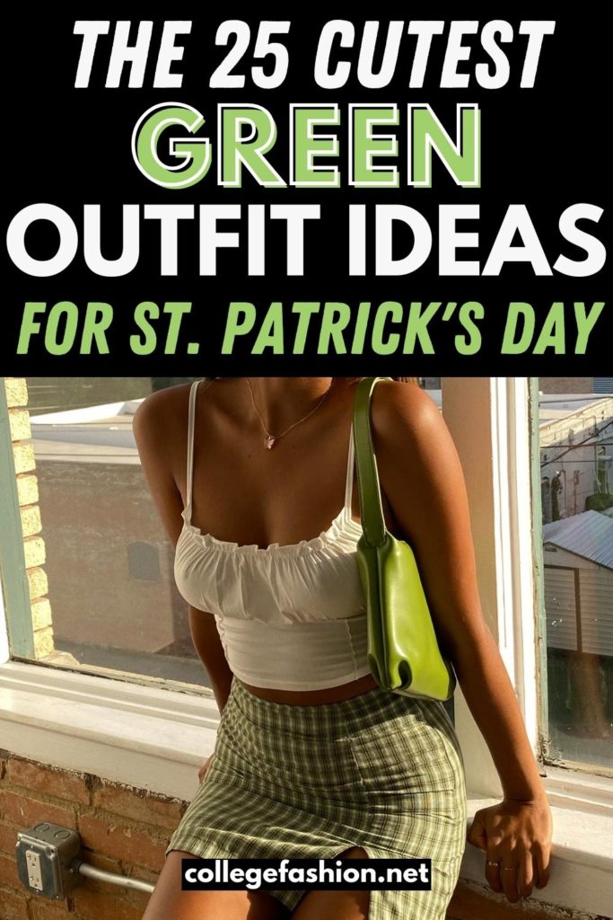 Photo of a woman wearing a green checkered skirt and white ruffled crop top with a green mini bag