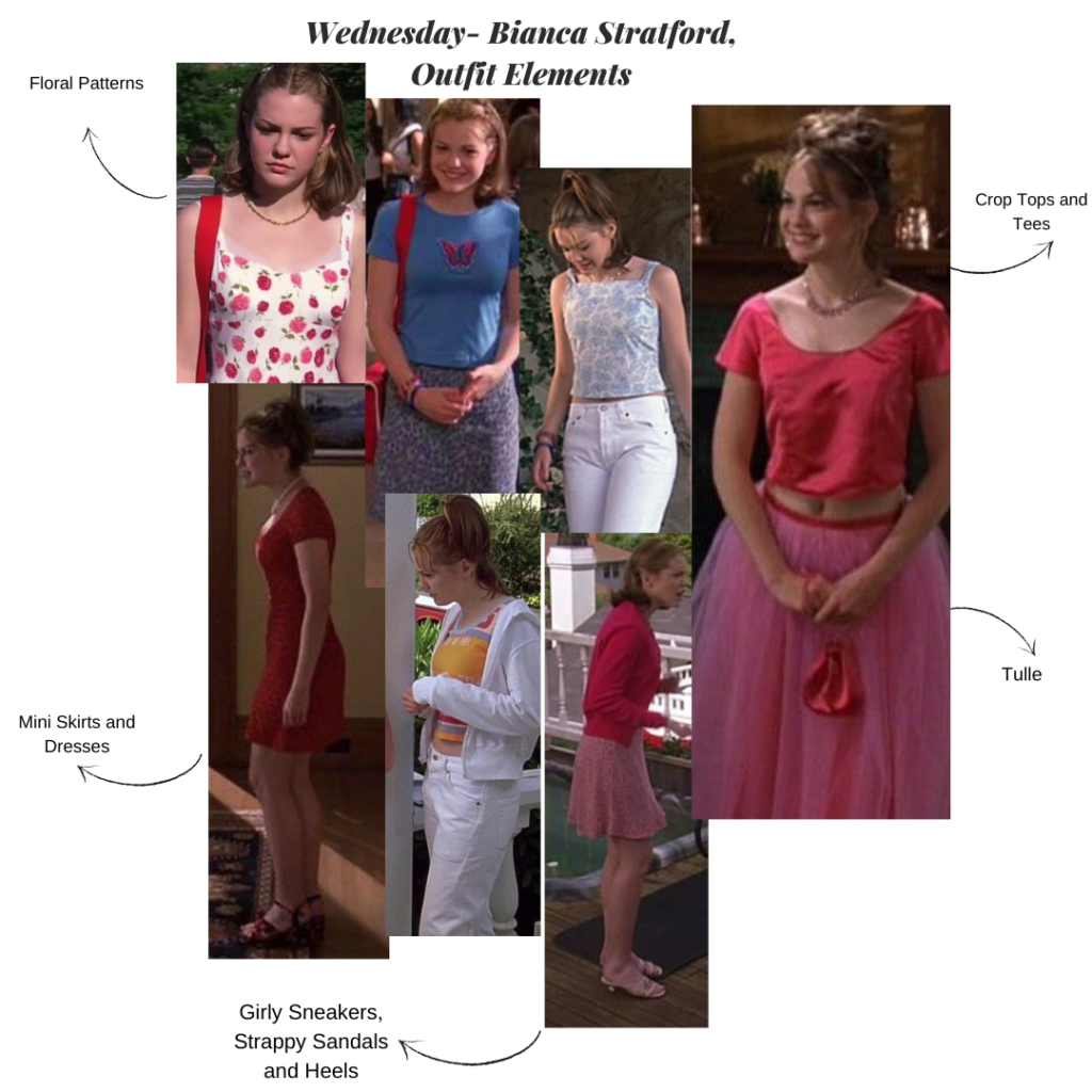 Collage of Bianca Stratford's outfits in the rom com 10 Things I Hate About You