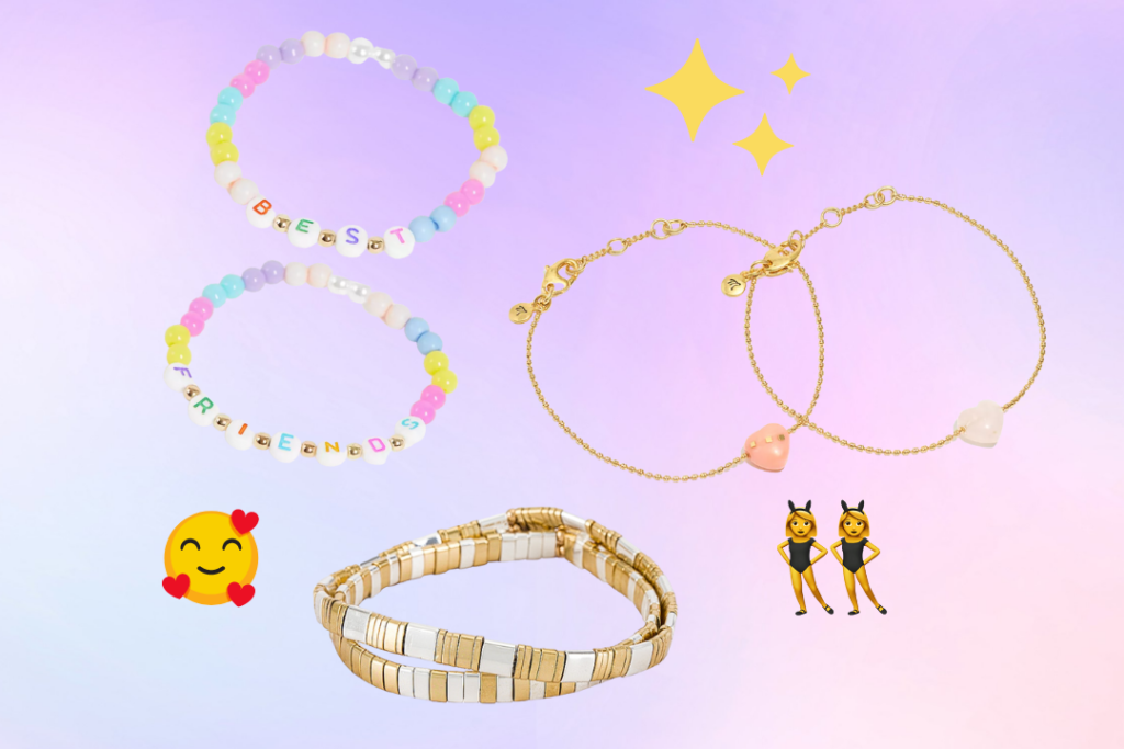 Graphic of friendship bracelets on a purple gradient background with emoji decorations