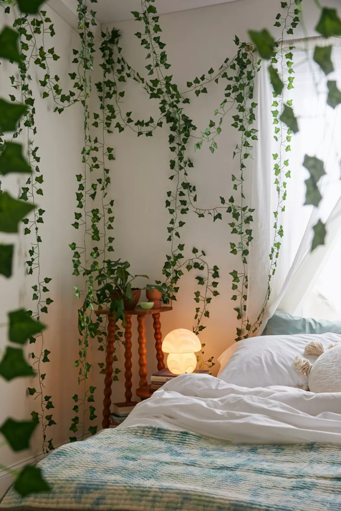 Hanging vines decor on the walls in an aesthetic room