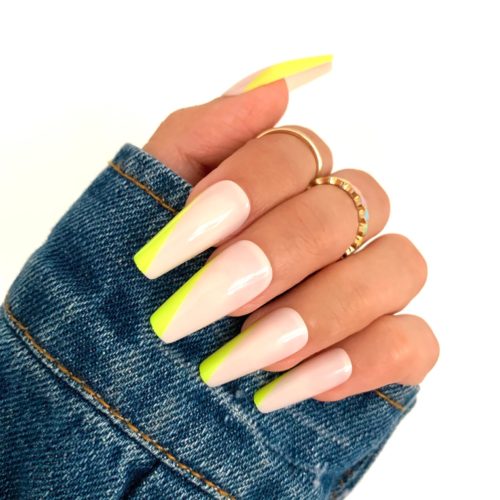 Minimalist nude and highlighter yellow manicure