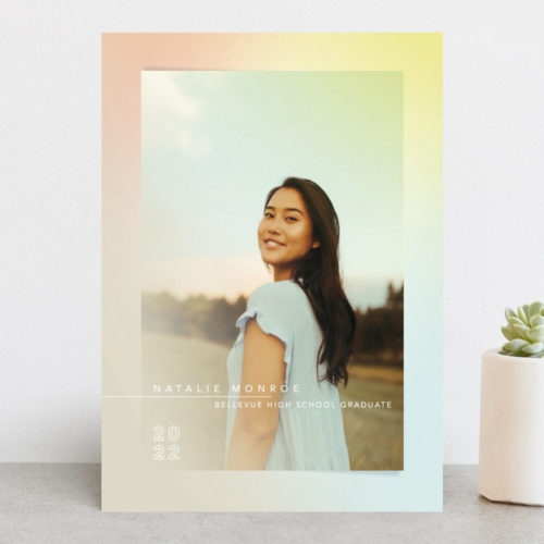 Gradient ombré overlay graduation announcement in rainbow colors