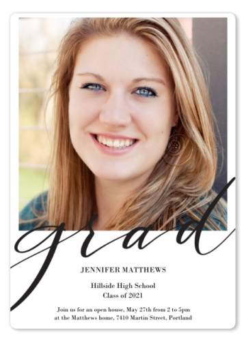 Simple graduation announcement with the black text Grad on white background from CVS