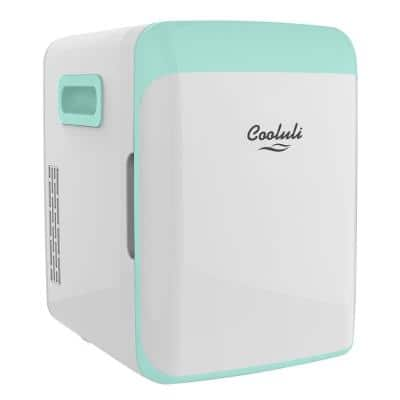 A compact mini fridge with white and turquoise colors.