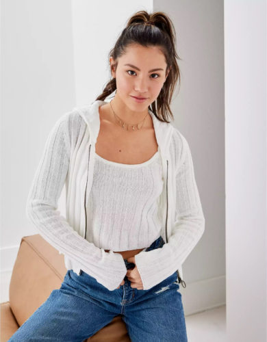 Cute outfits for teens: Idea with AE Knit Cardigan Set in white paired with simple blue jeans