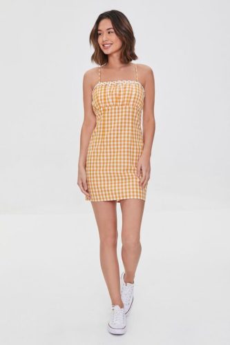Forever 21 Gingham Mini Dress in yellow paired with white low top canvas sneakers
