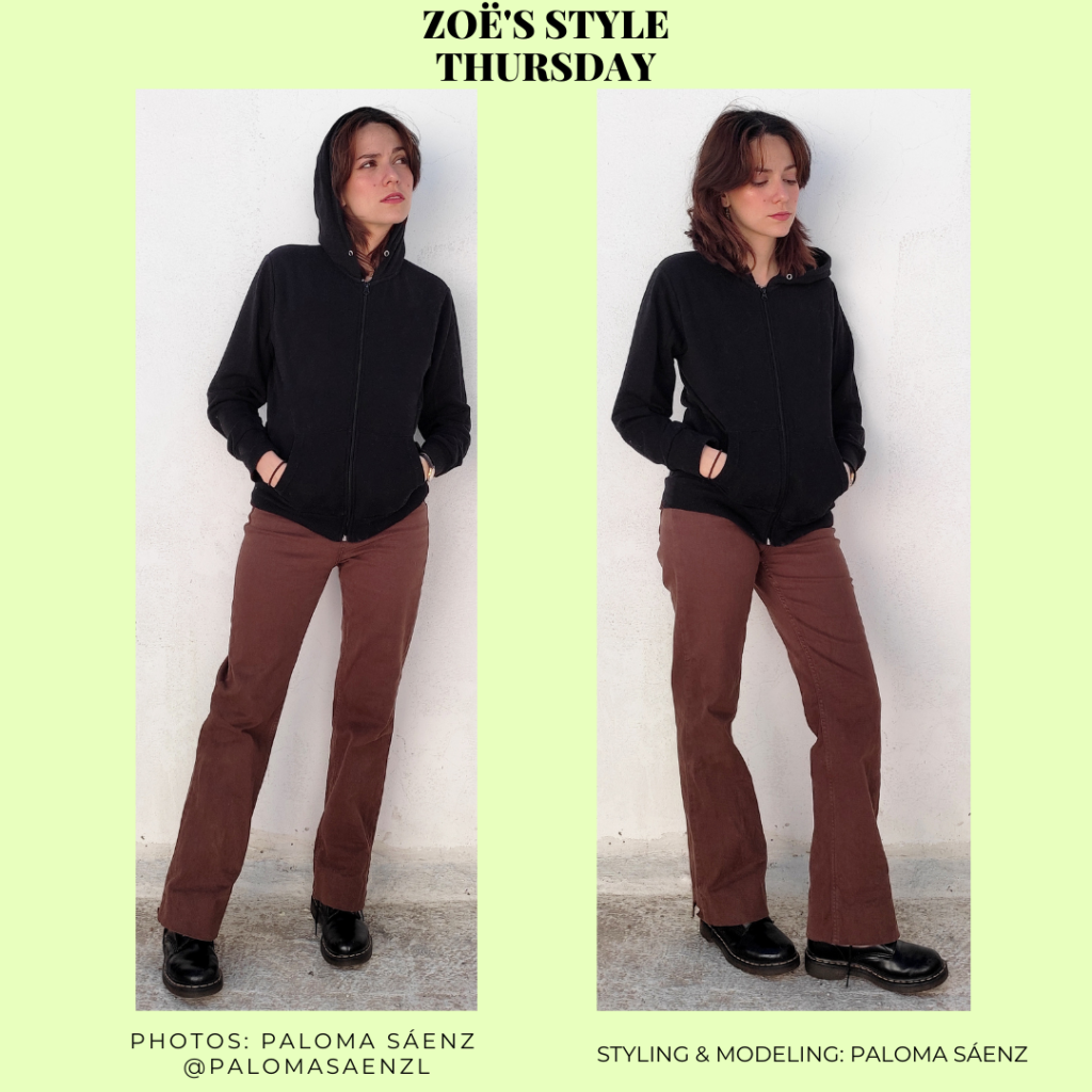 Simple Zoe Kravitz inspired outfit with brown pants, black combat boots, black zip hoodie