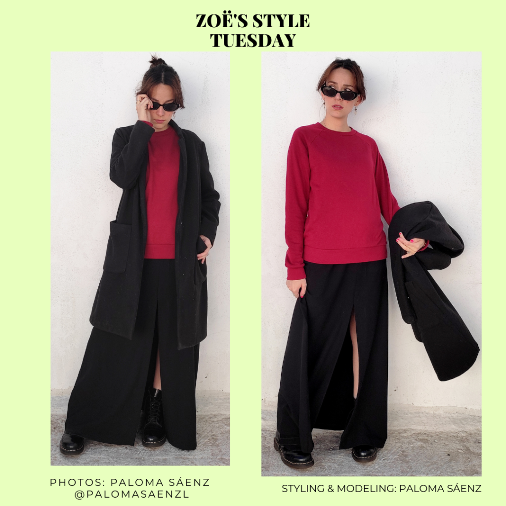 Outfit inspired by Zoe Kravitz's style with long black maxi skirt, red oversized sweatshirt, 