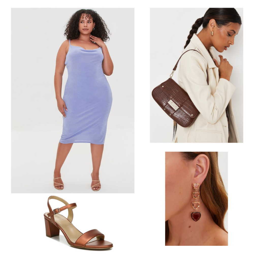 Date Night Outfit: blue sleeveless midi dress, chocolate brown shoulder bag, bronze strap heels, and brown and gold heart dangle earrings.