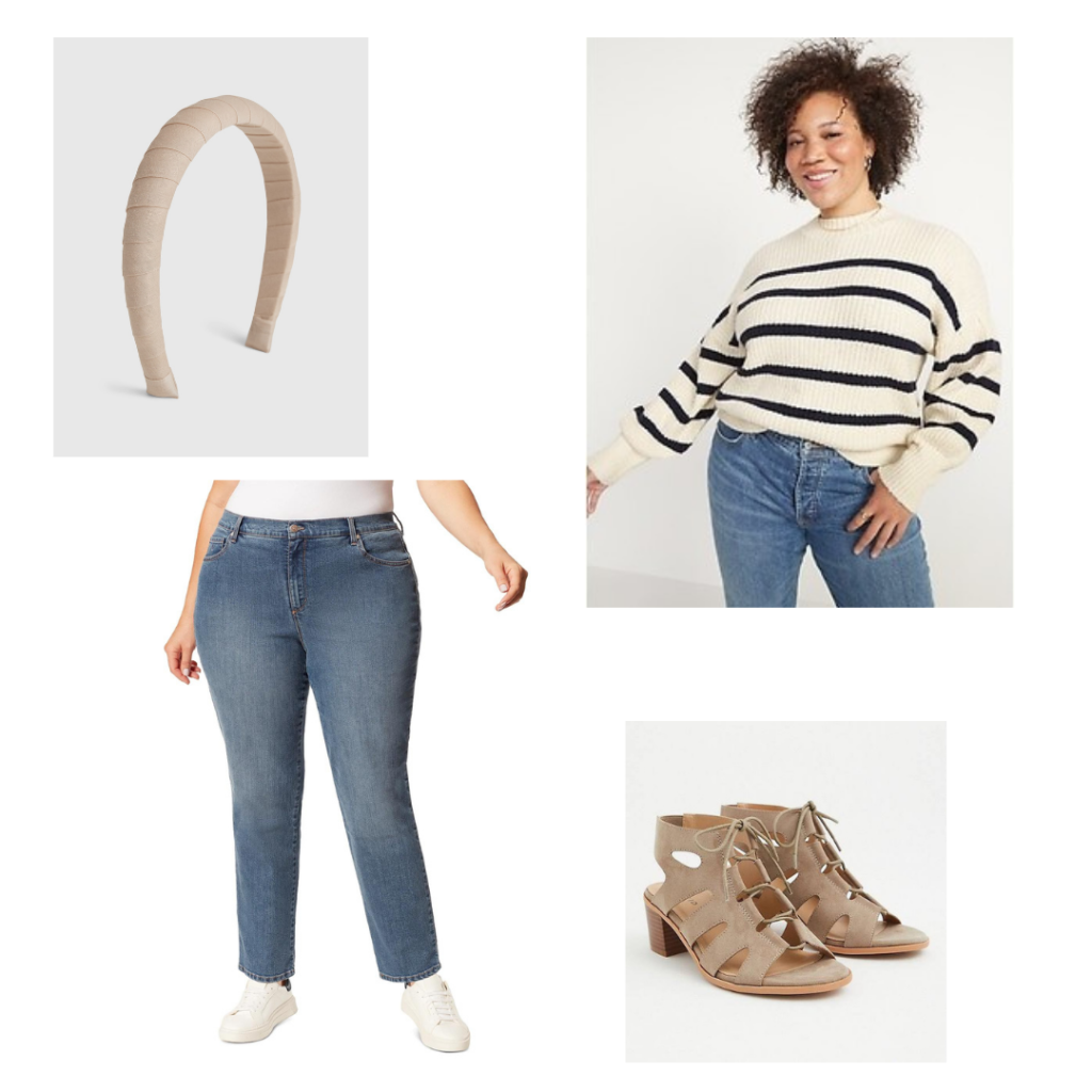 Dentist Appointment Outfit: cream striped sweater, beige headband, medium wash jeans, and taupe cutout heels.