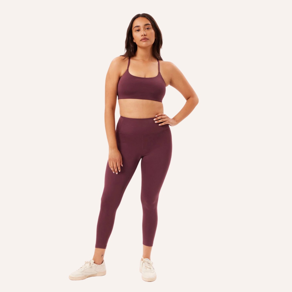 Burgundy bra and leggings set via Girlfriend Collective