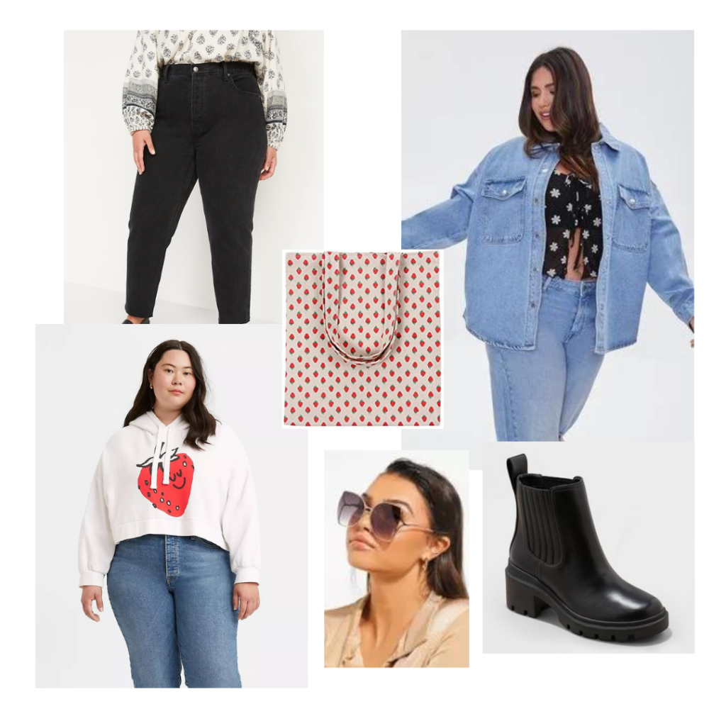 Grocery Shopping and Errands Outfit: blue denim shacket, white strawberry graphic sweatshirt, black jeans, ombre sunglasses, and black chelsea boots.