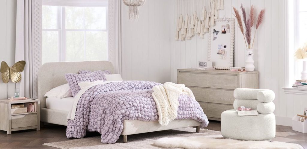 Light purple and white themed bedroom for girl from PB Dorm
