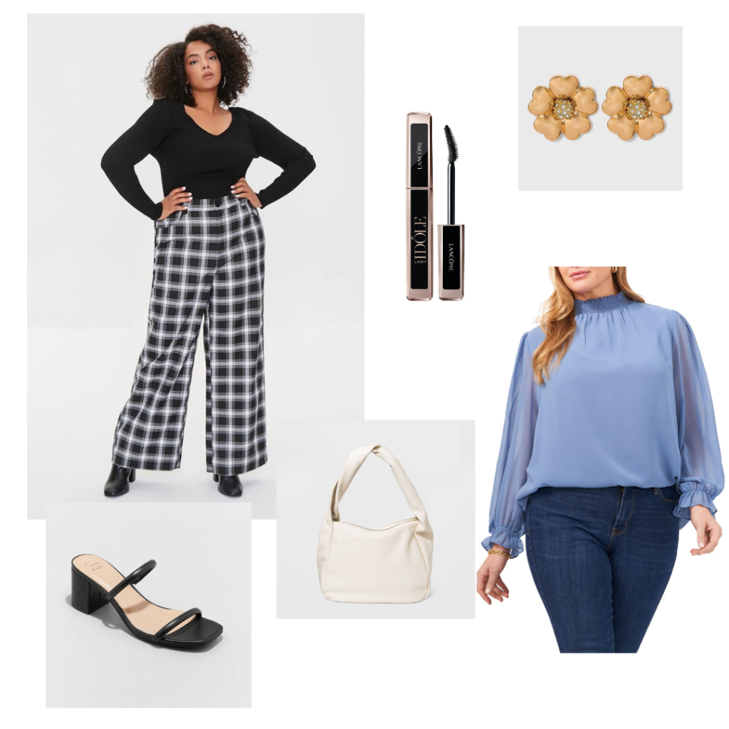 Office Job Outfit: black and white plaid pants, blue ruffle mock neck sheer sleeve blouse mascara tube, gold flower earrings, black strap sandals, and white shoulder bag.