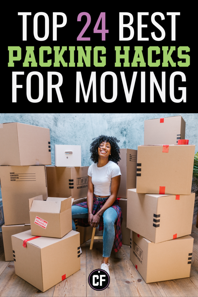 Top 24 best packing hacks for moving header with photo of woman surrounded by packed boxes