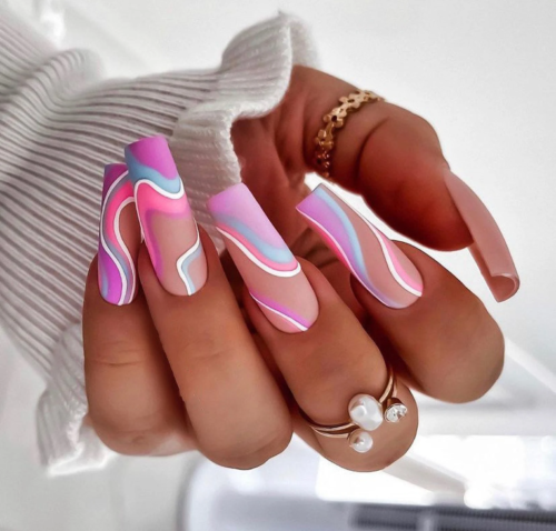 Pastel swirl coffin nails