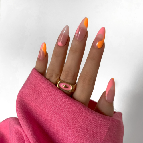 Pink and orange abstract almond nails for summer