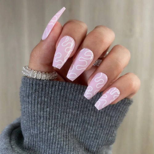 Pink and white swirl coffin nails