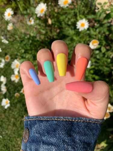Rainbow nails from Etsy in a coffin shape with a matte finish