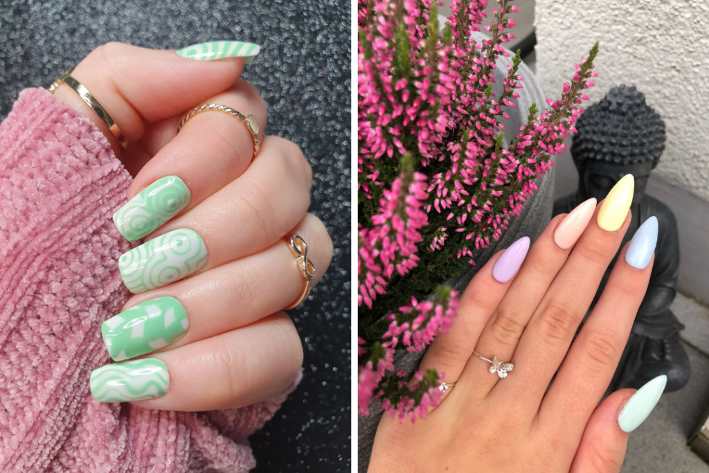 Spring nails header with green and white euphoria nails and jordan almond nails