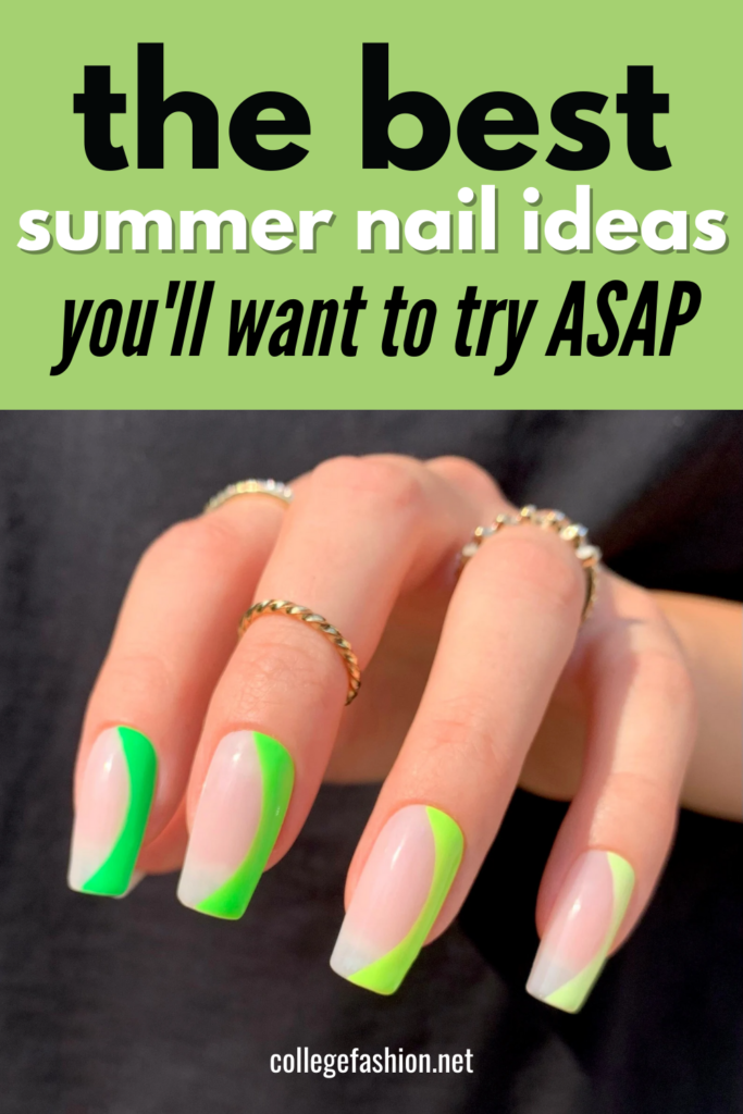 Header graphic for the best summer nail ideas to try ASAP with side swoop neon green nails
