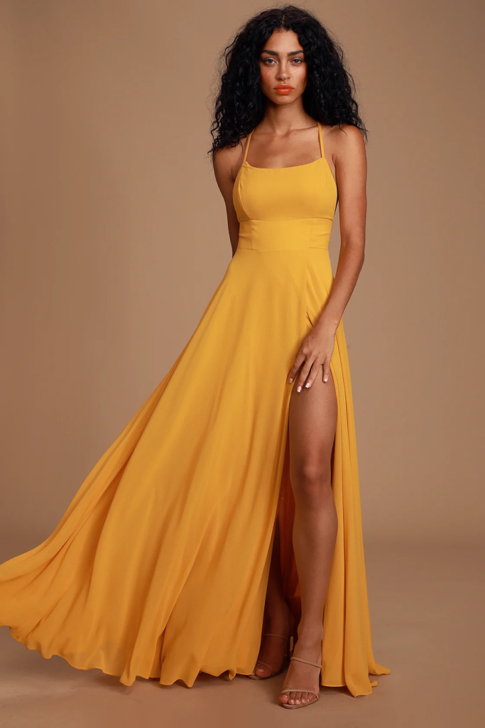 Lulus mustard yellow backless maxi dress with slit