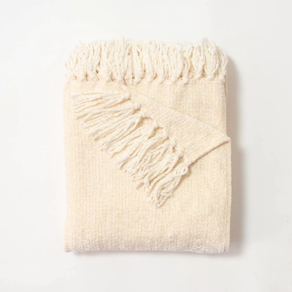 Light yellow chenille blanket with tassels