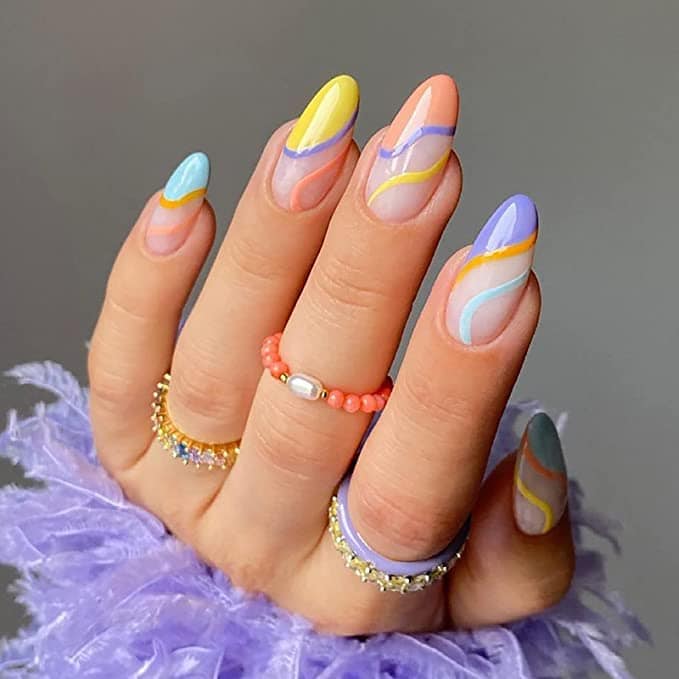 Almond nails with multicolored swirls from amazon