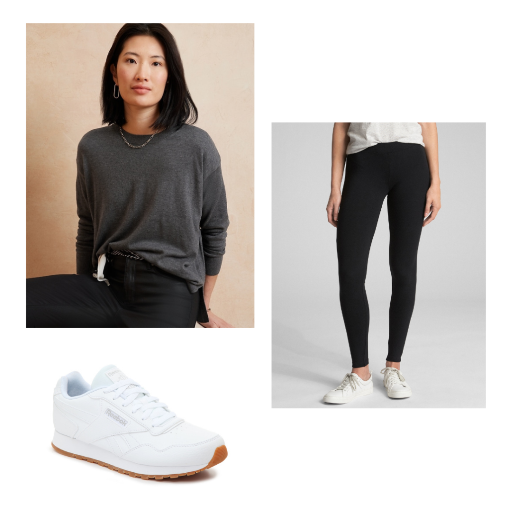 8AM Lecture Outfit. A grey sweater, black leggings and white reebok sneakers.