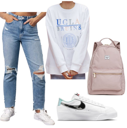 Casual Girlfriend Jeans Outfit with Sweatshirt and Sneakers