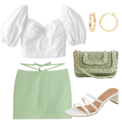Classy Summer Outfit for women - white puff sleeve crop top, green tie waist mini skirt, white mules sandals, gold hoop earrings and green straw bag