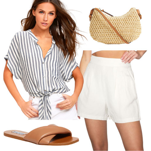 Classy Summer Outfit - white linen shorts, blue and white striped shirt, straw crossbody bag and brown faux leather flat sandals 