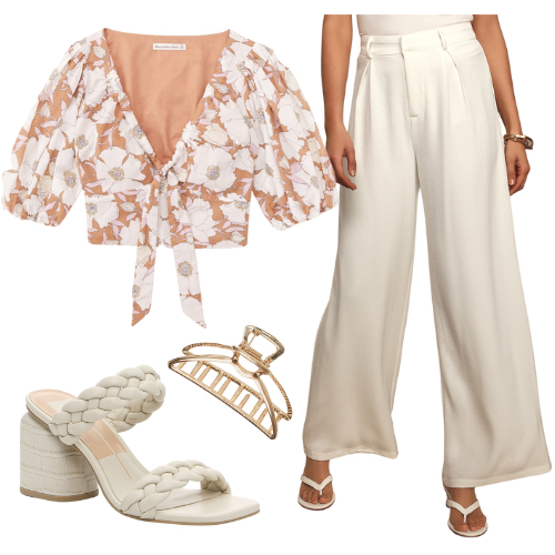 Classy Summer Outfit: white wide leg pants, floral puff sleeve blouse, gold hair claw clip and white mules sandals