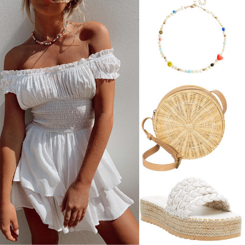 Cute Summer Outfit idea - white romper, pearl beaded necklace, straw bag and platform jute sandals