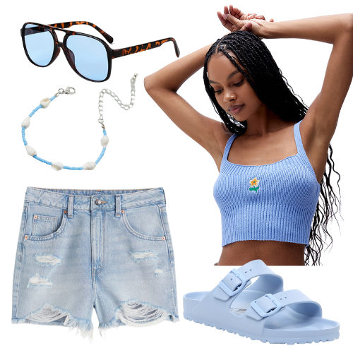 Cute Summer Outfit - jean shorts, blue sweater tank top, retro aviator sunglasses, beaded shell bracelet and blue Birkenstock rubber sandals