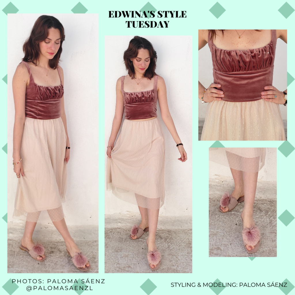 Outfit inspired by Edwina from Bridgerton Season 2 with velvet gathered top, midi skirt in peach, and fluffy slip-on shoes