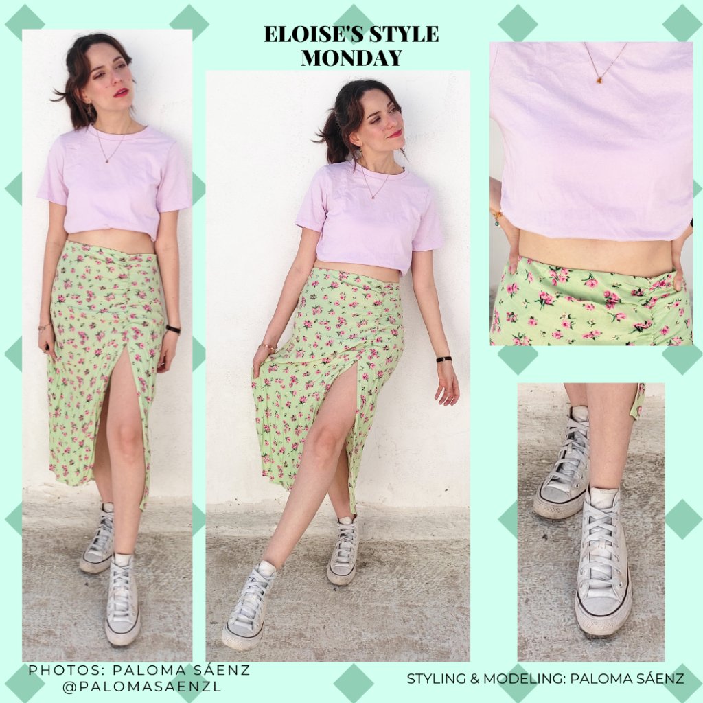 Outfit inspired by Eloise Bridgerton in season 2 with floral skirt, pink crop top, and white high top converse