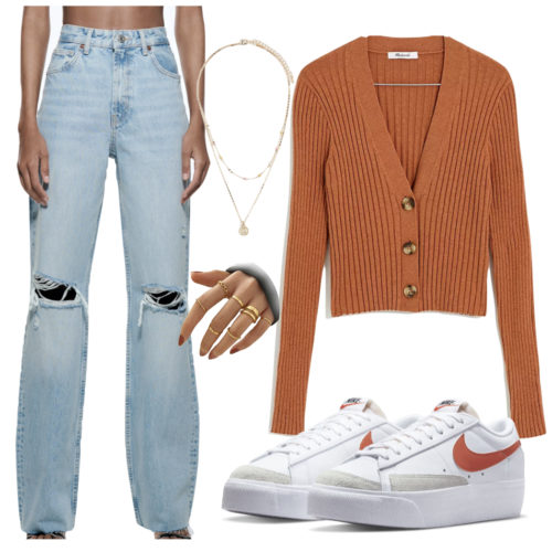 Fall Wide Leg Jeans Outfit with light wash jeans, orange cardigan, orange and white sneakers, layered gold necklaces