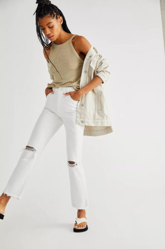 Free People White Jeans and sage tank outfit