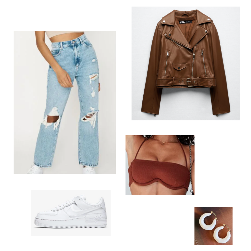 High waisted ripped jeans outfit with Nike sneakers, bralette top, chunky hoops, and brown leather jacket