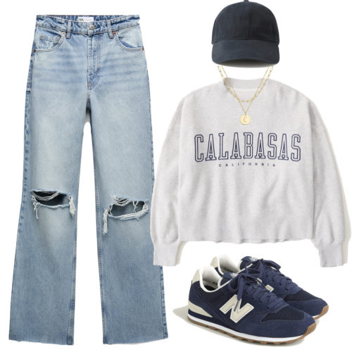 Spring Wide Leg Jeans Outfit with sweatshirt, necklaces, New Balances, baseball cap