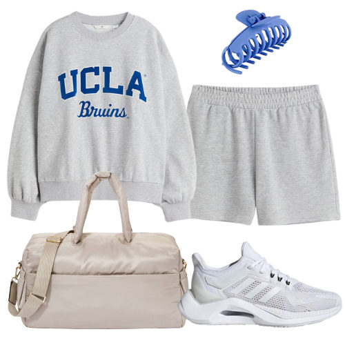 Travel Outfit for women - college sweatshirt, sweatshirts, hair claw clip, duffle weekender bag and sneakers