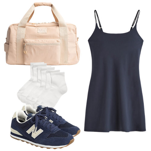 Summer Travel Outfit - navy athletic dress, crew socks, New Balance sneakers and a duffle bag